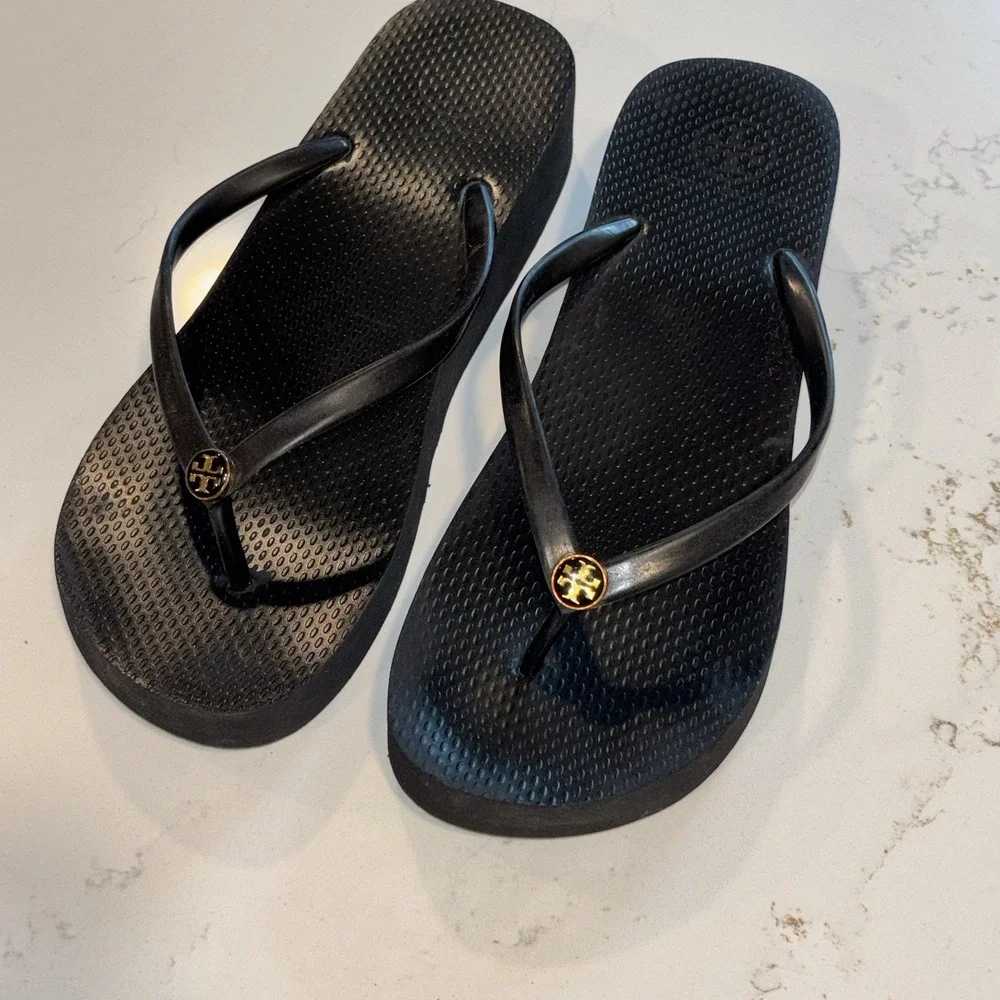 TORY BURCH Wedge Platform FLIP FLOPS rubber sandals Black Women's 8.5